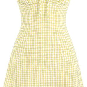 Women's Gingham Print Strapless Tube Dress Tie Front Flare Hem Boho Fashion